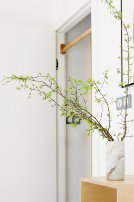 widok perspektywiczny na drewniany drążek do podciągania Nuki FunActive przez zielone gałęzie dekoracyjne